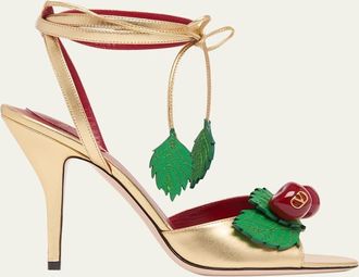 Valentino Garavani 100mm VLogo Cherry Leather Ankle-Tie Sandals