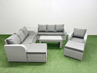 Fimous 9 Seater Poly Rattan Outdoor Garden Furniture Oblong Coffee Table Sofa Set Patio 3 Seater Sofa Reclining Chair 3 Seater Sofa 2 Big Footstools