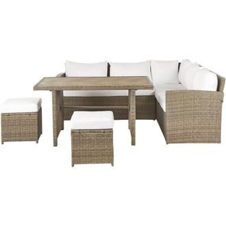 Beliani Set da giardino 5 posti in rattan sintetico marrone divano angolare tavolo 2 pouf cuscini bianchi Bardi