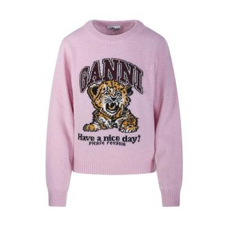 Ganni Graphic Wool Sweater - Dames - Ronde hals truien - Roze - S - Wol - Truien & Vesten