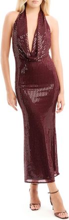 Bardot Nola Beaded Sequin Cowl Halter Maxi Dress in Deep Plum at Nordstrom, Size 12