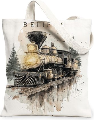 Generic Vintage Train Canvas Tote Bags, Artistic Locomotive Pattern Reusable Grocery Bags, Lightweight Washable Shoulder Strap Canv, White, 13x15 Inch