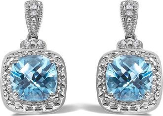 House of Brilliance Sterling Silver 8x8mm Cushion Cut Blue Topaz and Diamond Accent Drop Earrings