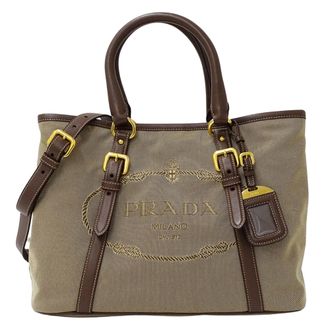 Prada Beige Brown Canvas Handbag Shoulder Bag Tote Bag (Pre-Owned)