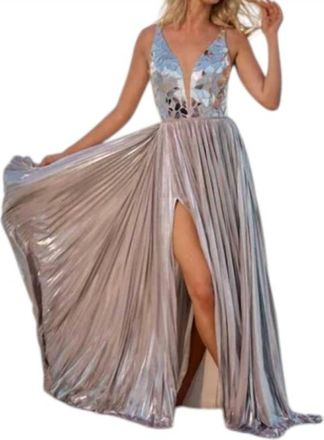 Sherri Hill Metallic Pleated Gown With Glass Cut Bodice In Silver