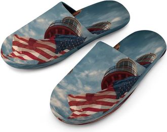 Generic Eagle1 Lighthouse U.S. Flag Mens Cozy Memory Foam Slippers Warm Cotton House Shoes Comfy Slipper for Indoor Outdoor