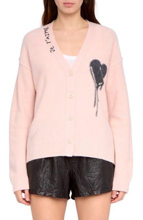 Zadig&Voltaire Mikyz Heart Appliqu&eacute; Cashmere V-Neck Cardigan in Pearly at Nordstrom, Size Medium