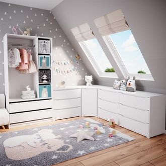 Vicco Armario De Ropa Para Ni&ntilde;os Elmo, Blanco, 100 X 200 Cm Con 2 Cajones Y Cajas Plegables