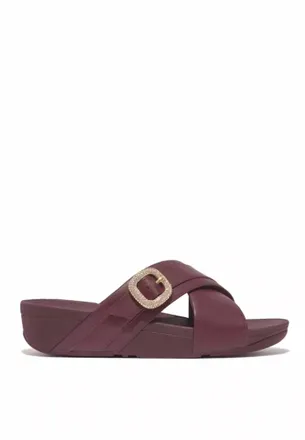 FitFlop Womens Lulu Crystal-Buckle Leather Cross Slides In Mauve Wine