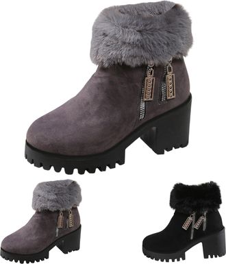 Generic Ladies Winter Boots Fashion Solid Color Zipper Thick Heel Warm Boots Short Boots Faux Fur Top Fleece Lined(Black, 6.5)