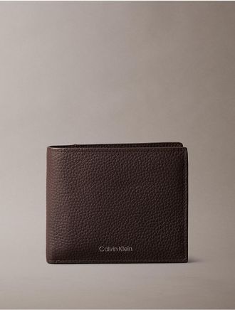 Calvin Klein Mens Foil Embossed Logo Bifold Wallet with Coin Pouch - Brown