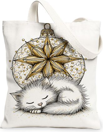 Generic Christmas Cat Canvas Tote Bags, Holiday Ornament Pattern Reusable Grocery Bags, Winter Vintage Lightweight Washable Canvas, White, 13x15 Inch