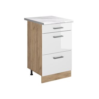Vicco Mueble Bajo De Cocina R-line, Blanco Alto Brillo/roble Dorado, 50 Cm Encimera M&aacute;rmol, Vicco