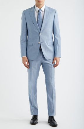 BOSS Huge Slim Fit Peak Lapel Wool Blend M&eacute;lange Suit in Light Blue at Nordstrom, Size 38 Regular