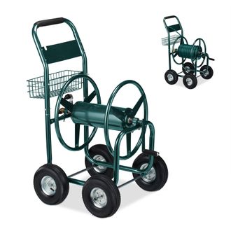 Relaxdays Carro Portamangueras, Hasta 90 M, Acoplamiento Por Clic, 4 Neum&aacute;ticos, Cesta, Soporte Mangueras Metal, Verde - Relaxdays