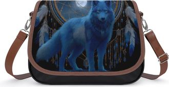 Generic Wolf And Moon Crossbody Bag Womens Handbag PU Message Bags Shoulder Purse with Adjustable Strap