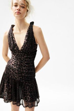 H&M Ruched Flared-skirt Dress in Black/leopard Print at Nordstrom, Size X-Small