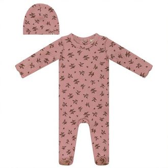 Fragile Ribbed Flower Print Romper with Hat in Pink/cognac at Nordstrom, Size 12M
