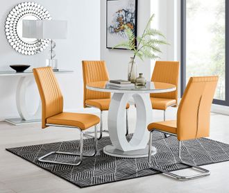 Furniturebox Giovani Round 4 Seat 100cm White High Gloss Unique Halo Base Grey Glass Top Dining Table 4 Soft Faux Leather Lorenzo Chairs