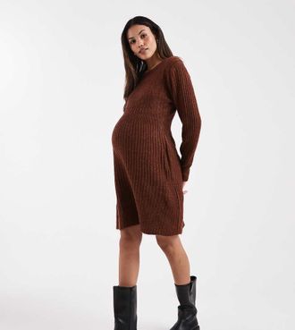 Mama Licious Mamalicious Maternity - Vestito corto con corpino aderente e gonna svasata in maglia a coste marrone-Arancione