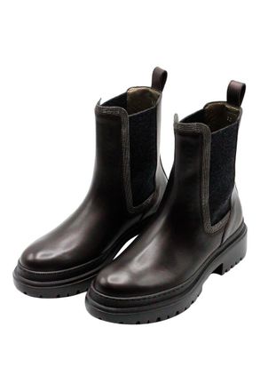 Brunello Cucinelli Leather Beatles Shoe With Jewels On The Side Elastic Bandleather