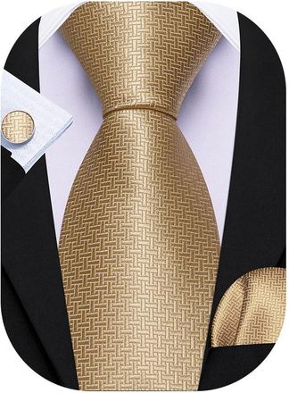 Barry.Wang Men Formal Ties Silk Champagne Necktie Solid Handkerchief Cufflinks Set Wedding Christmas