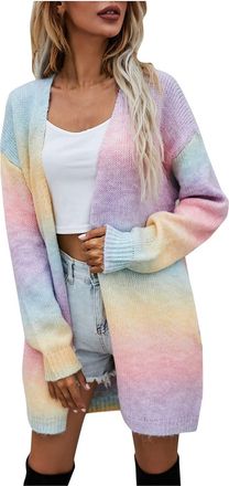 Generic Rainbow Long Cardigan for Women UK Oversized Open Front Sweater Knitted Coat Winter Jumper Tie-Dye Long Sleeve Cardigan Ladies Maxi Boyfriend