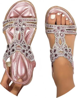 Generic Rhinestone Sandals for Women,Womens Sandals Wide Width Comfort Non Slip Casual Summer Flat Sandal 2026 Bohemian Strap Sparkling Jeweled Adjustable Sli