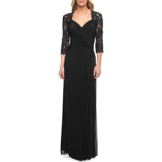 La Femme Jersey Gown with Knot Detail and Lace Sleeves in Black at Nordstrom, Size 14