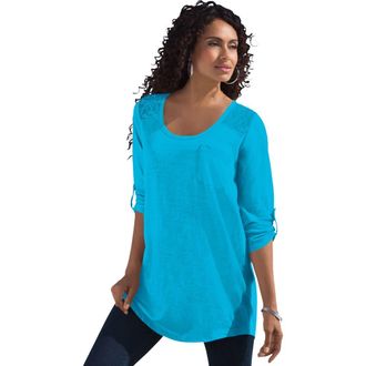 Roaman's Textured Lace Trimmed Tunic in Ocean at Nordstrom, Size Medium