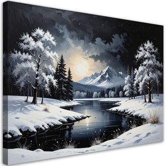 Feeby Cuadro En Lienzo, Paisaje Invernal Nieve R&iacute;o &Aacute;rboles, 120x80