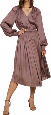 Current Air V-Neck Long Sleeve Midi Dress With Smocked Cuffs And Ruffle Details In Mauve