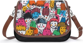 Generic Cartoon Faces Hand-Drawn Graffiti Leather Crossbody Bags for Women Messenger Handbag Purse Shoulder Bag