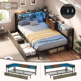 Matteo Single Bed Frame - RGB LED, Charging & Storage - Rustic Brown & Grey