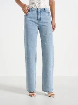 Mani&egrave;re De Voir Calista Line Art Straight Leg Jeans in Mid Blue at Nordstrom, Size 10