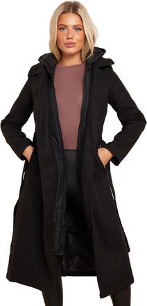 SS7 Womens Faux Wool Coat Maxi Length Jacket with Hood Black