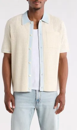 Wax London Belle Tipped Pointelle Stitch Short Sleeve Button-Up Shirt in Ecru/pale Blue at Nordstrom, Size Xx-Large