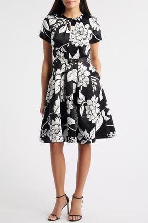 Tahari by ASL Floral Fit & Flare Dress in Black White at Nordstrom Rack, Size 10