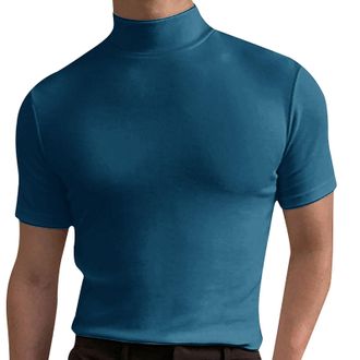 Generic Mens Basic Mock Turtleneck Short Sleeve Solid Casual T-Shirt Pullover Tops Slim Fit Undershirt UK Blue 3XL
