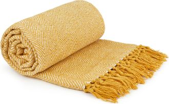 TJ Hughes Herringbone - Recycled Cotton Throw in Ochre - TJ Hughes