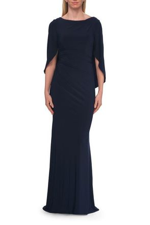 La Femme Draped Cape Sleeve Jersey Gown with Ruched Bodice in Navy at Nordstrom, Size 14