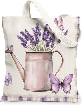 Generic Spring Lavender Flower Canvas Tote Bag for Shopping 13x15, Farmhouse Country Floral Reusable Grocery Print Bag for Women Men, Fun Farm Aesthetic Paint