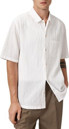 AllSaints Walton Short Sleeve Stretch Cotton Seersucker Button-Up Shirt in Off White at Nordstrom, Size Xx-Large