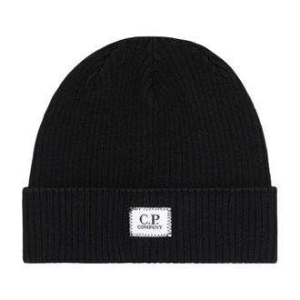 C.P. Company C.p. Company - Zwarte wollen muts met zwart logopatch - Heren - Accessoires - Zwart - Maat: ONE Size Wol