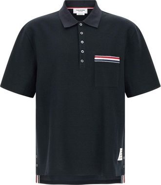 Thom Browne Navy Blue Stripe Embroidery Polo