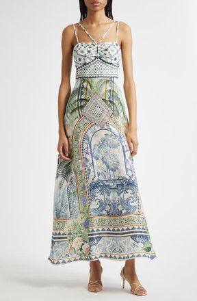 Camilla Strap Detail Linen & Silk Maxi Dress in Jardim Party at Nordstrom, Size Small
