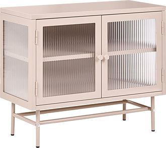 Beliani Aparador Moderno De Acero Con Vidrio Acanalado 2 Puertas Y Estantes Ajustables Beige Devon