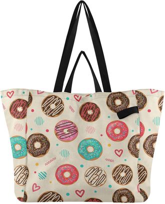 Generic Donuts Hearts Beige print Reusable Canvas Tote Bag, Heavy Duty Grocery Shopping Bag with Double Handles Large Capacity Hard Bottom Work Groceries Trav