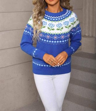Anna Kaci Floral Fair Isle Knit Sweater In Blue