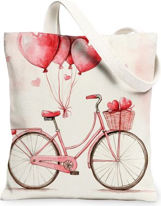 Generic Valentines Day Heart Balloon Canvas Tote Bags, Cute Bike Pattern Reusable Grocery Bags, Lightweight Washable Canvas for Travel Picnic 13x15 Inch